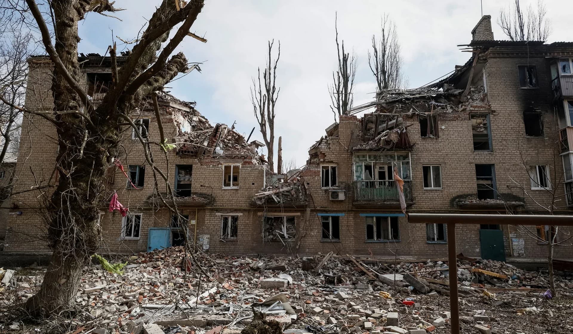 A residential building damaged by a Russian military strike in the frontline city of Avdiivka