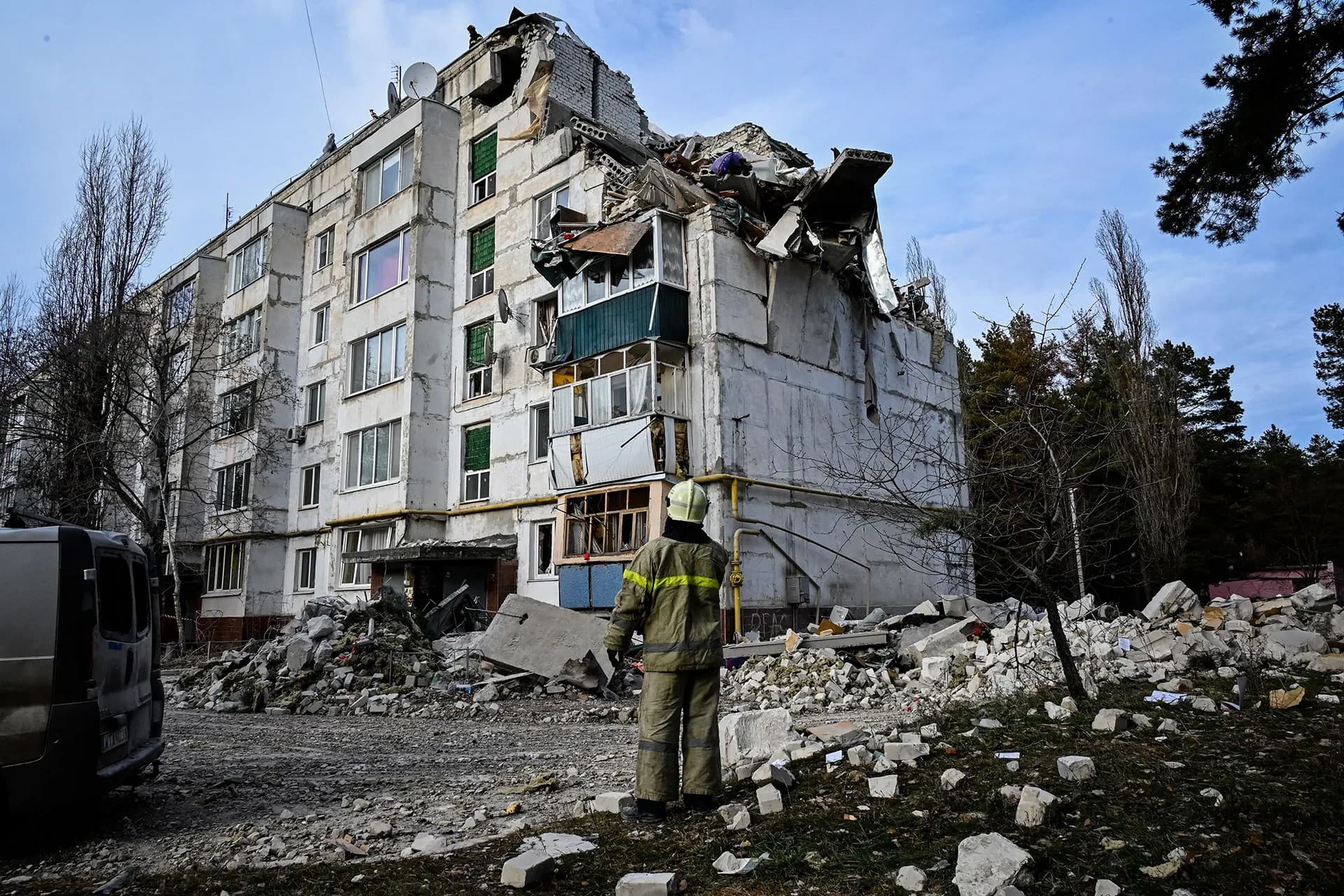 A residential building damaged by a Russian missile strike is seen near the town of Chuhuiv