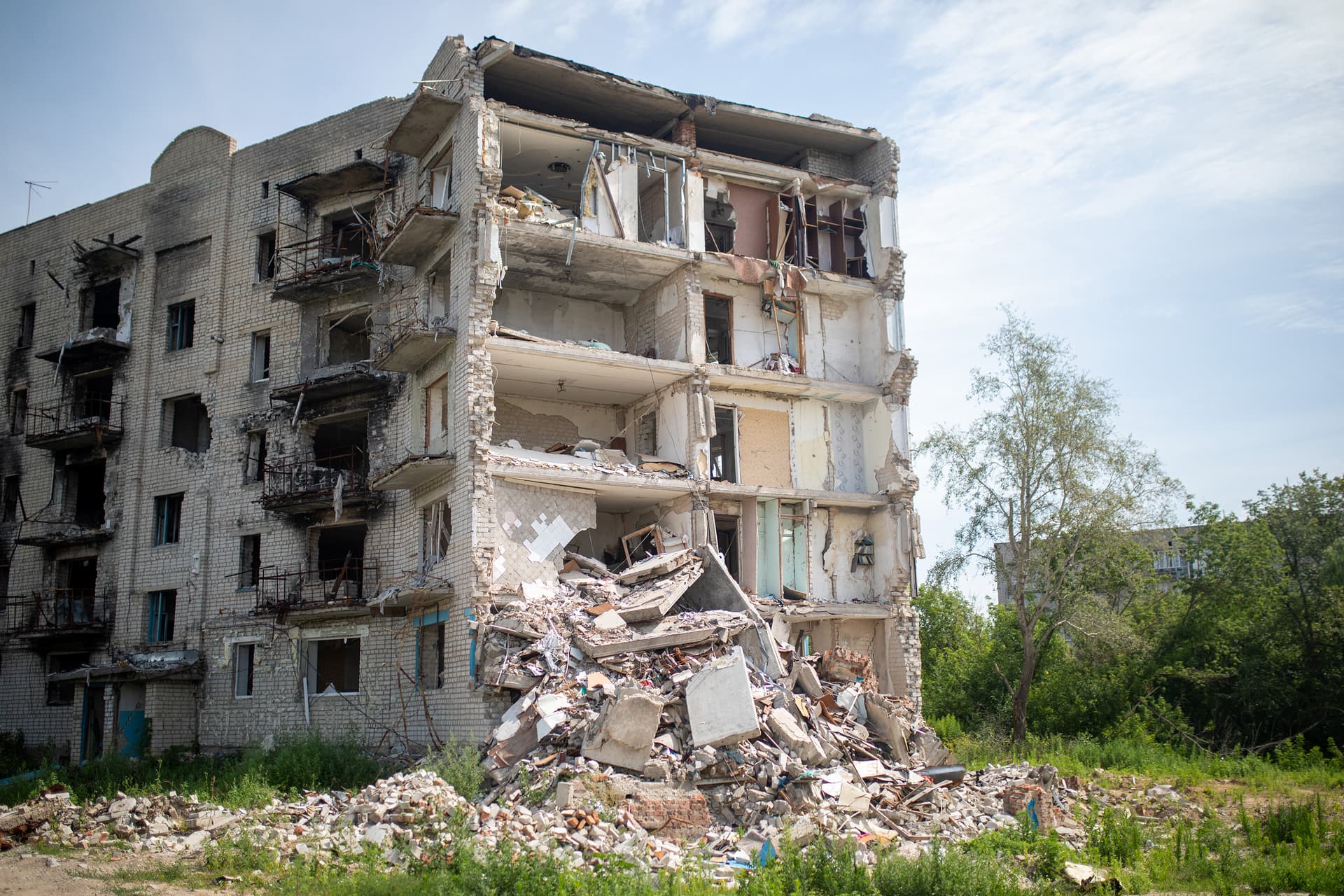 A view of debris of apartment complex, where 54 people were killed by Russian shelling, in Izium