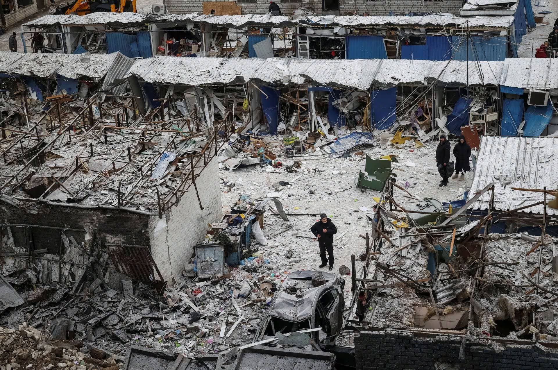A general view of a street market destroyed during a Russian missile attack in Kharkiv