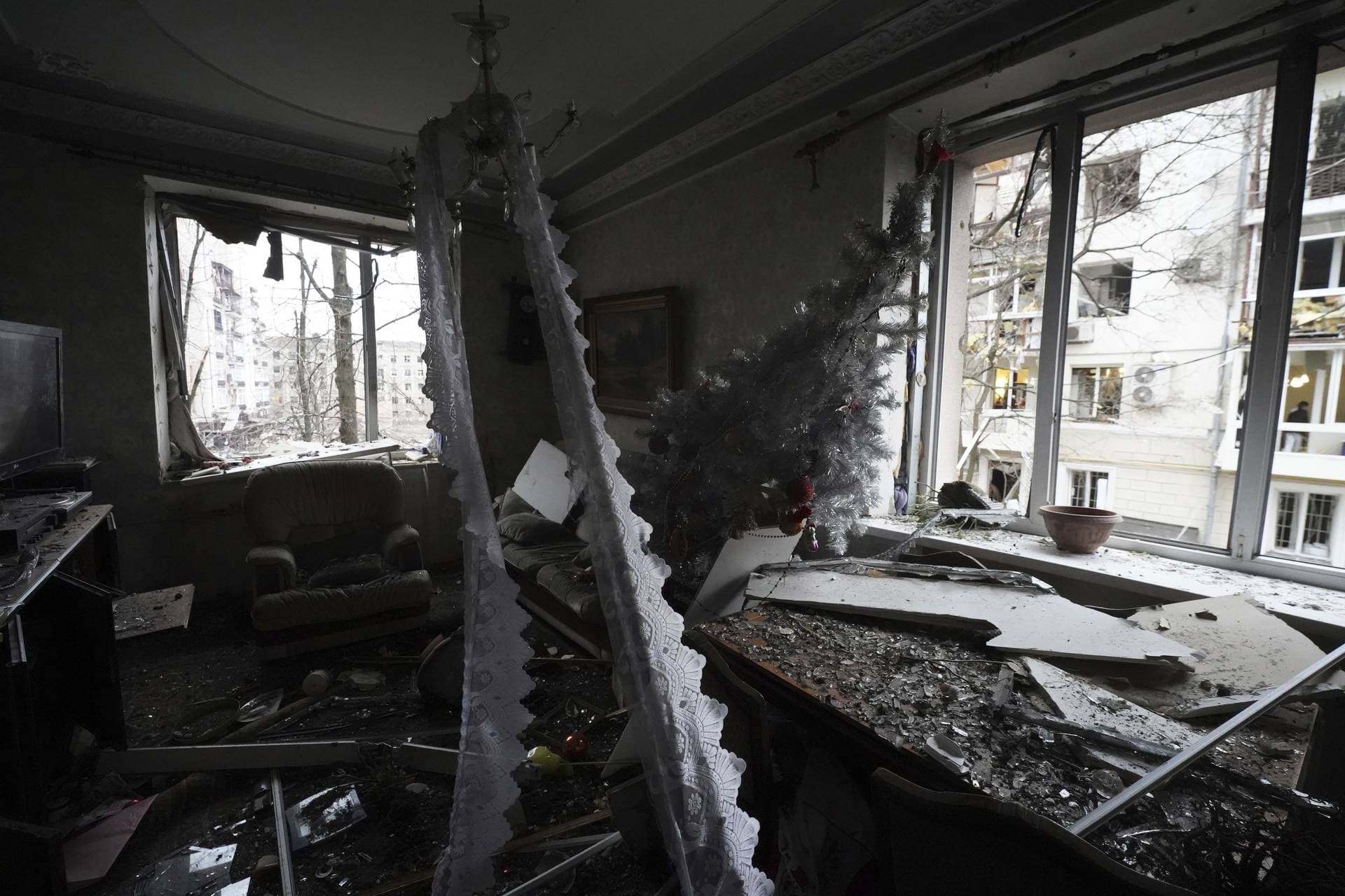 A new year tree is seen inside a residential house damaged by a Russian missile strike in Kharkiv