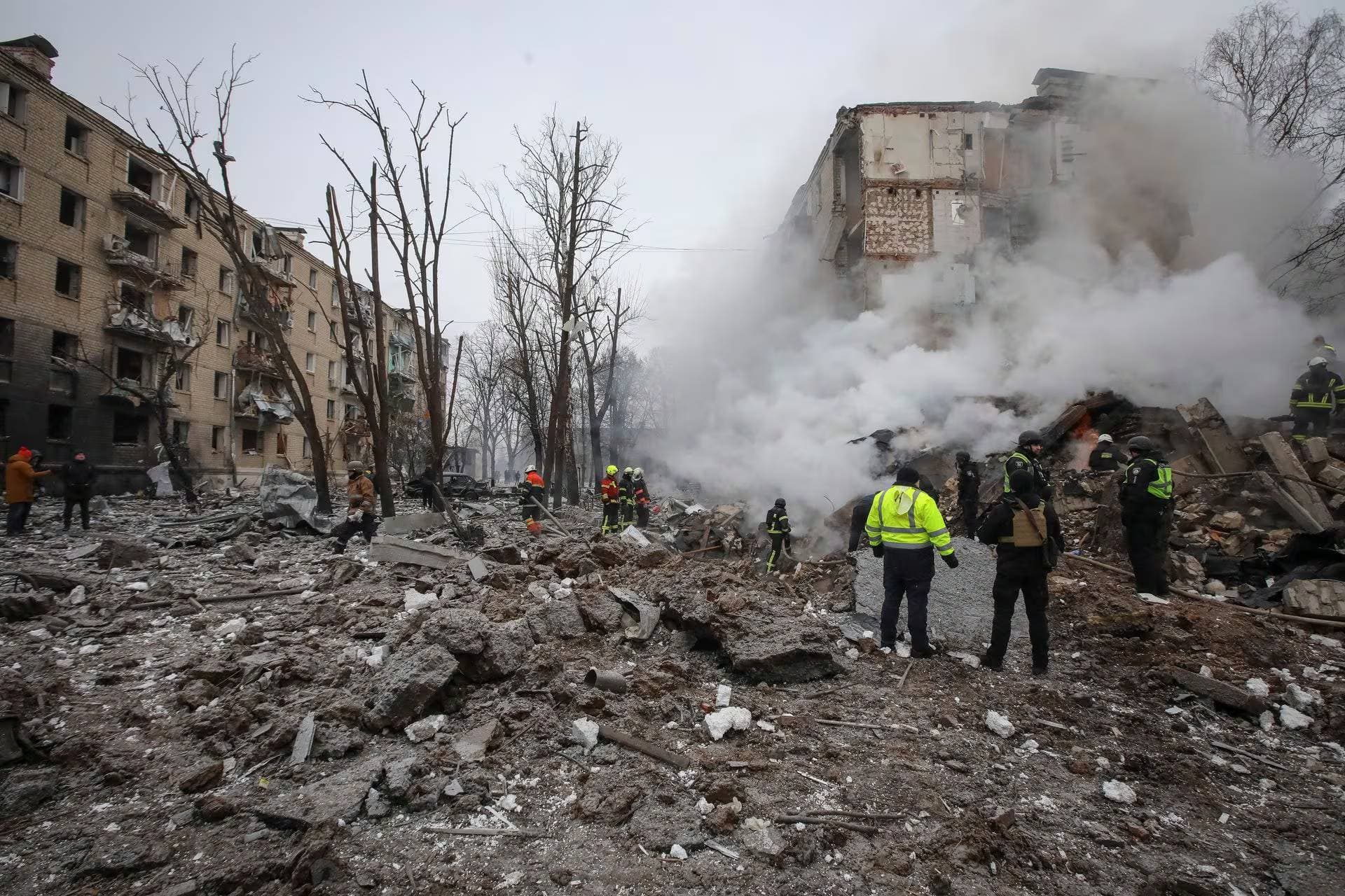 A view shows residential buildings heavily damaged during a Russian missile attack in Kharkiv