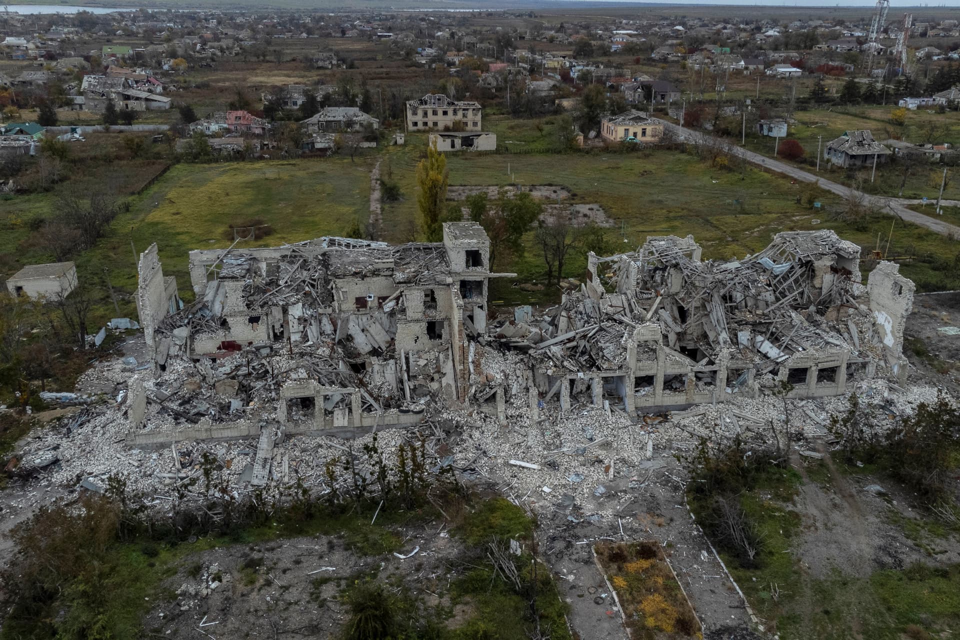A destroyed school on the outskirts of a recently liberated village outskirts of Kherson