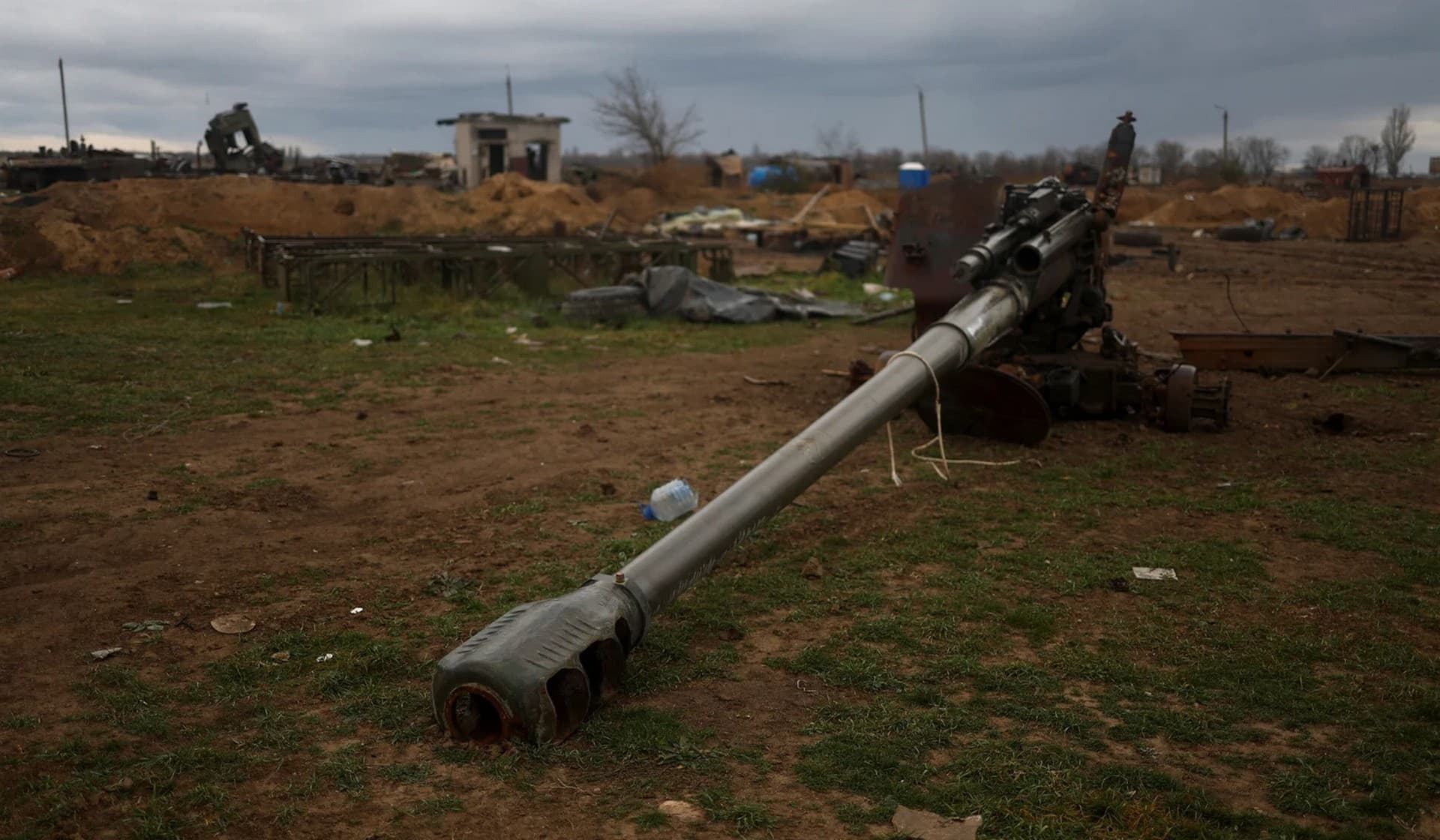 A destroyed Russian howitzer at a compound of an international airport after Russia's retreat from Kherson in Chornobaivka outside of Kherson