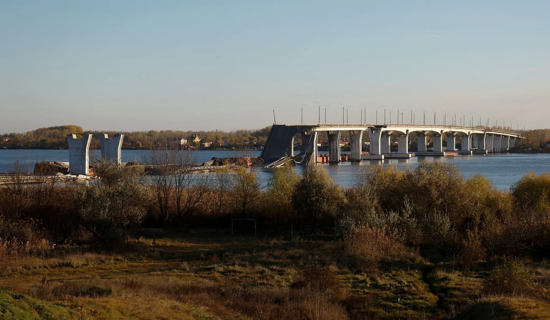 The destroyed Antonivskyi Bridge over the Dnipro River after Russia's retreat from Kherson