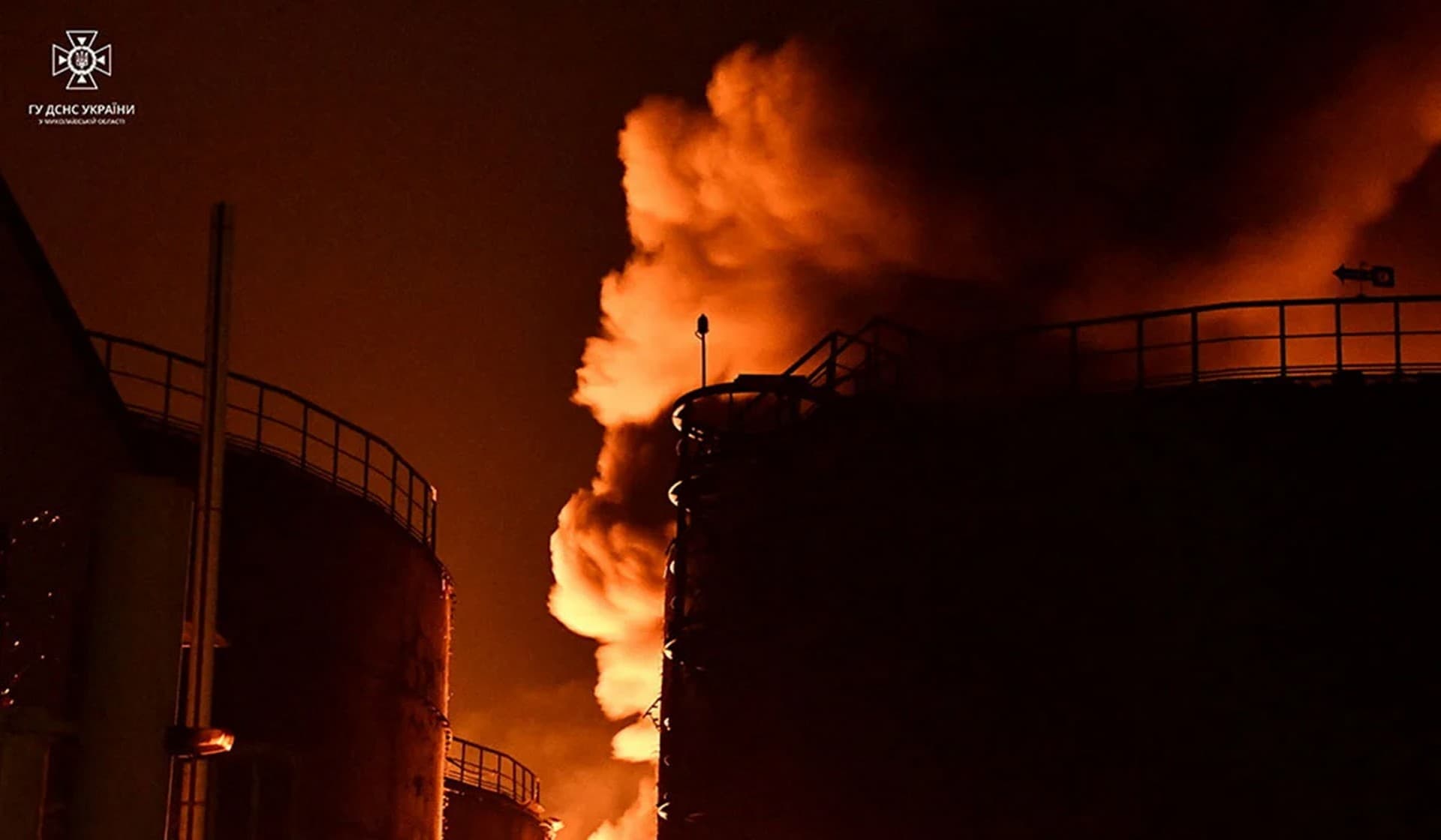 Sunflower oil storage tanks burn after strikes by Russian suicide drones in Mykolaiv