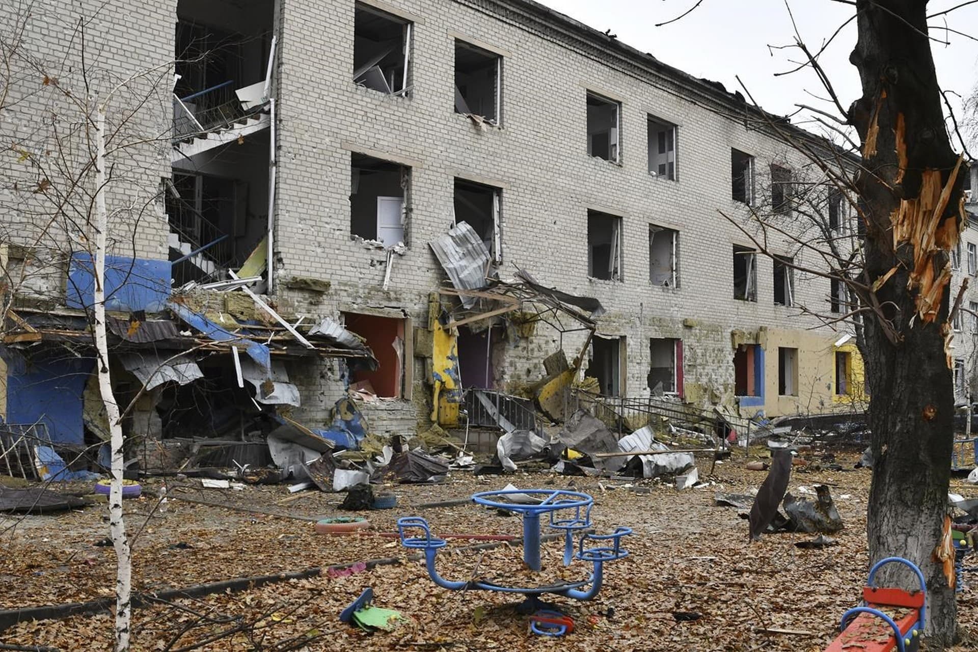 A school destroyed by Russian shelling is seen in Pokrovsk
