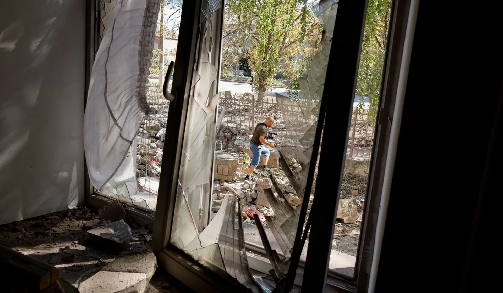 Broken windows of a damaged kindergarten following recent Russian shelling in Slovyansk