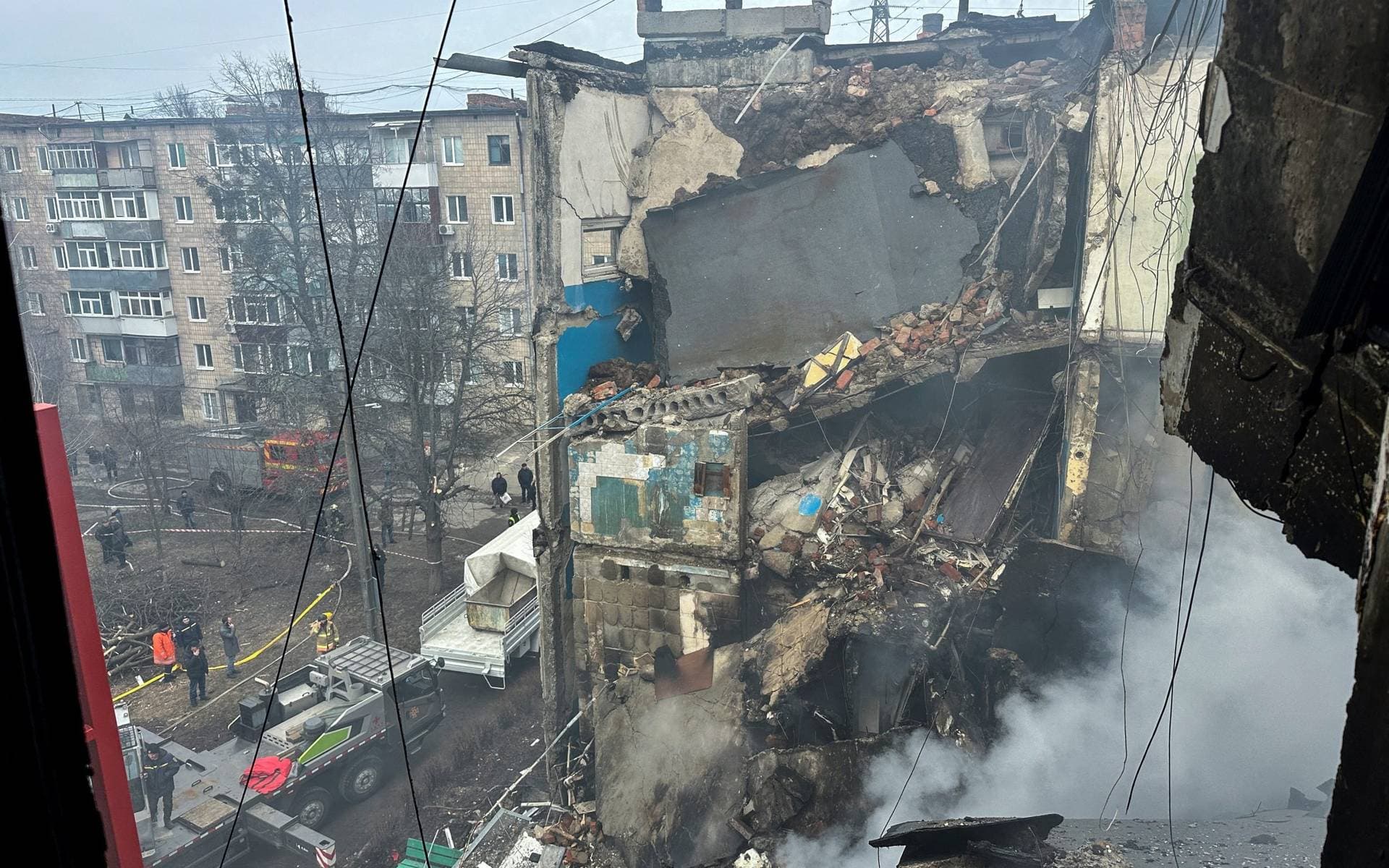 Apartment building heavily damaged by a Russian drone strike in Sumy