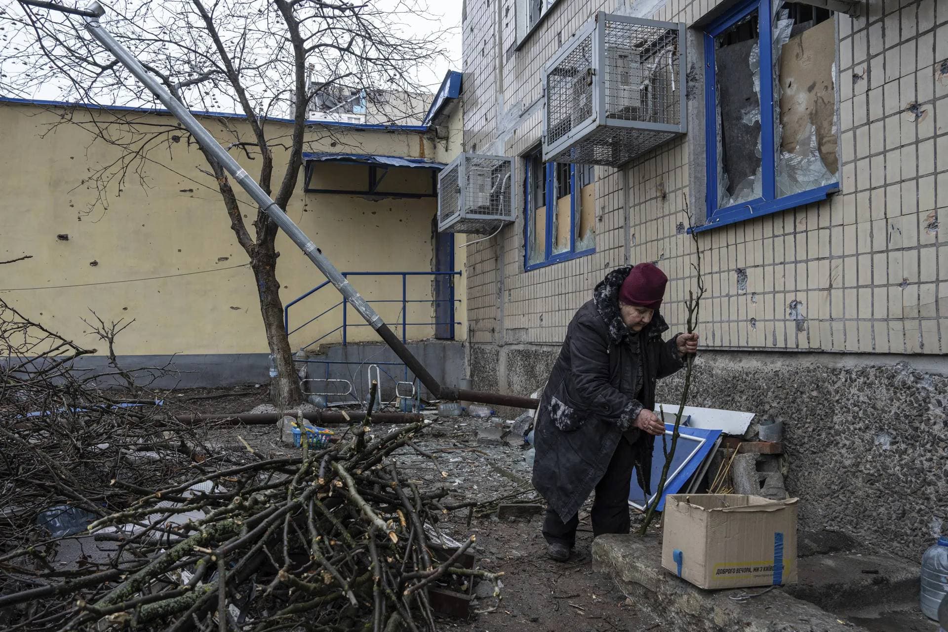 a local resident who decided to stay in the city breaks dead tree branches to heat her basement in the frontline city of Vuhledar