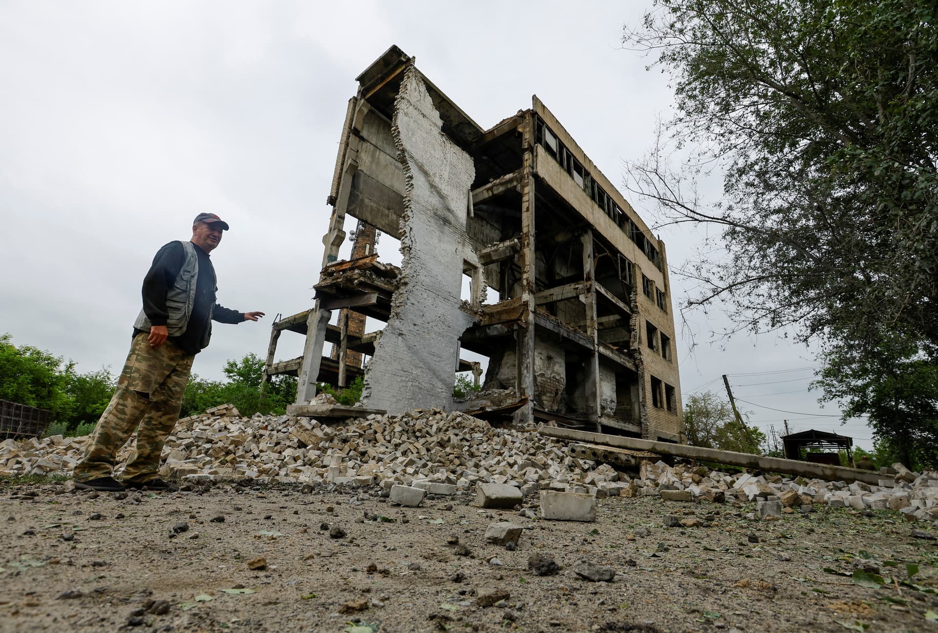 A destroyed facility on a poultry farm following recent shelling in the village of Karpaty