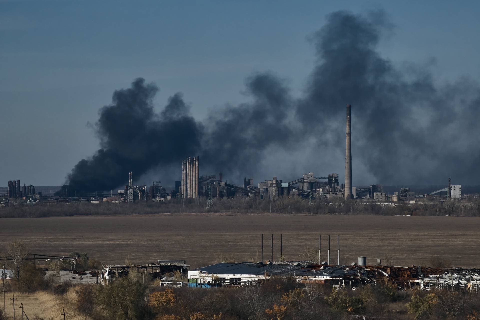 A view of Ukraine’s Avdiivka city as an airstrike on the Metinvest coke plant