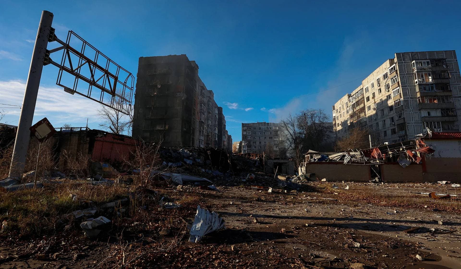 A residential buildings heavily damaged by permanent Russian military strikes in the front line town of Avdiivka