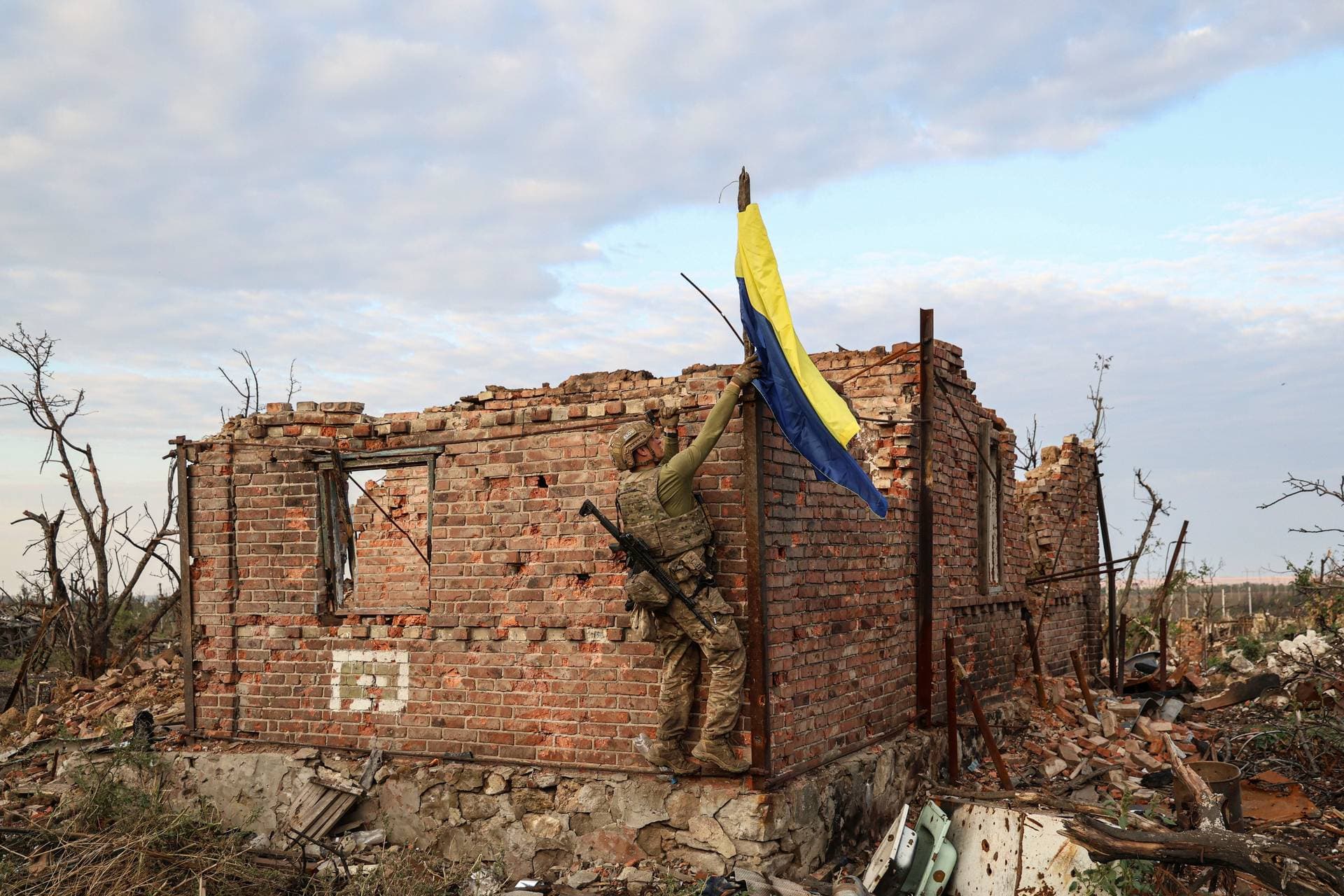 Houses are seen destroyed during the fighting between Russian and Ukrainian armed forces are seen in Andriivka