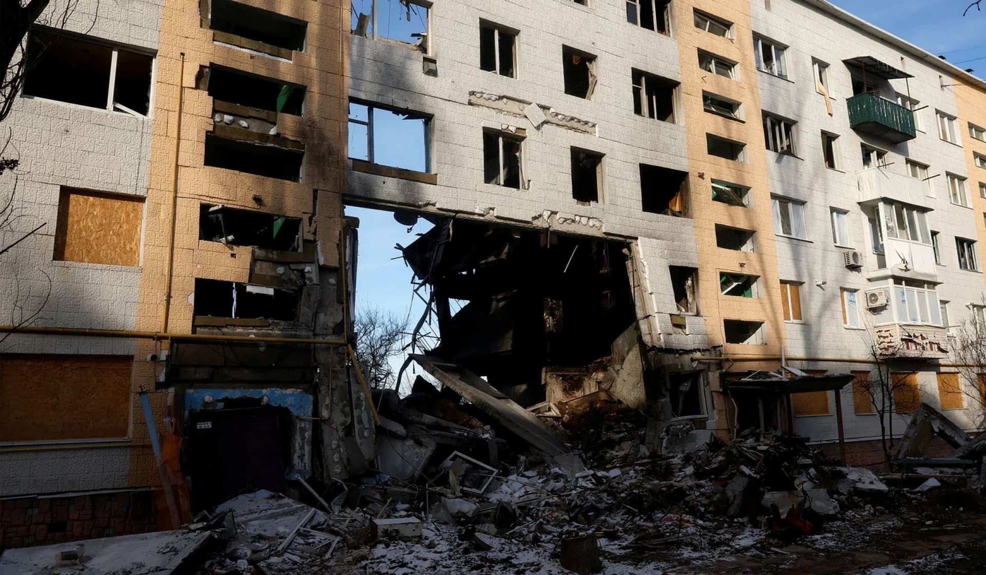 An apartment block destroyed by a Russian missile strike in the frontline town of Bakhmut