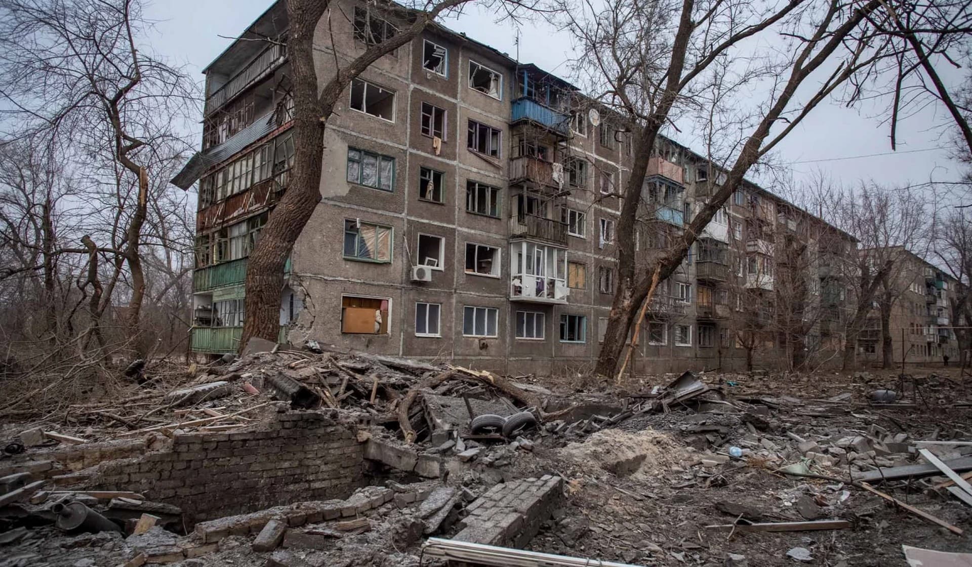 A view shows an apartment building damaged by a Russian military strike in Chasiv Yar