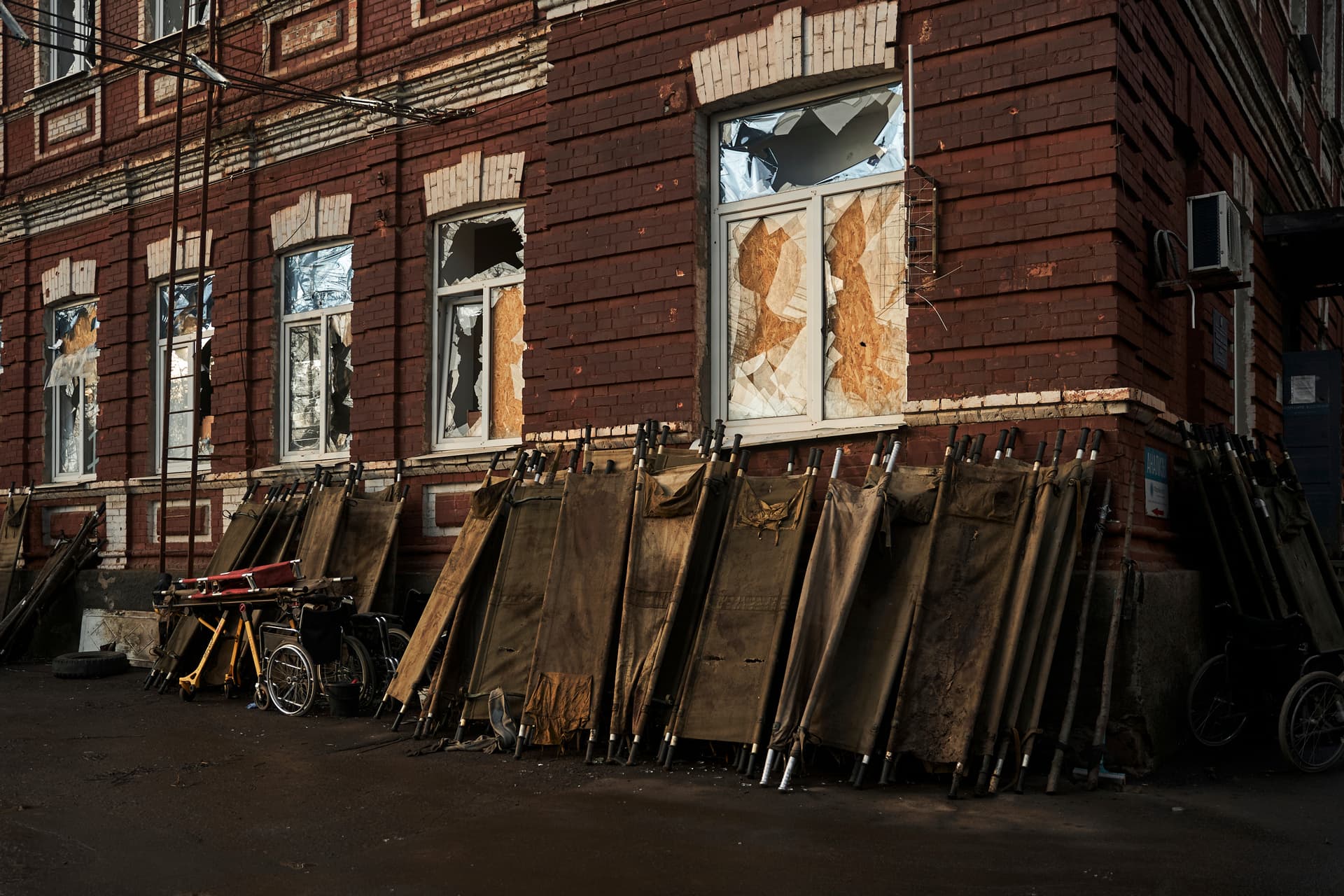 Stretchers are seen outside a city hospital, where wounded Ukrainian soldiers are brought for treatment, in Bakhmut