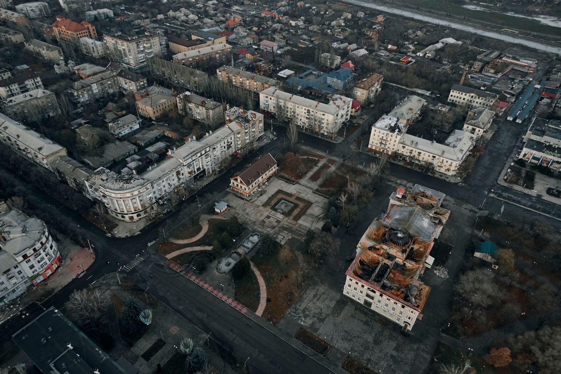 An aerial view of Bakhmut, the site of the heaviest battles with the Russian troops