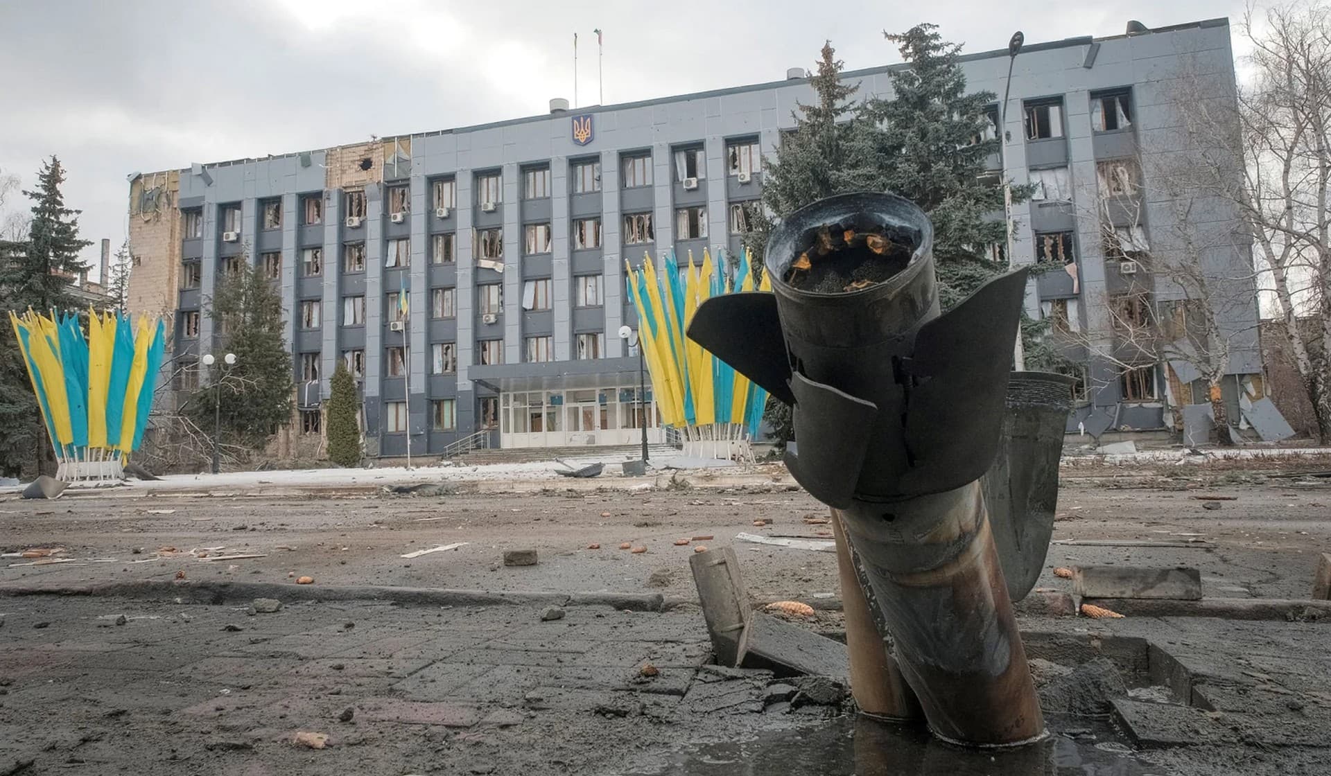 Part of a rocket near a building damaged by a Russian military strike in the front line city of Bakhmut