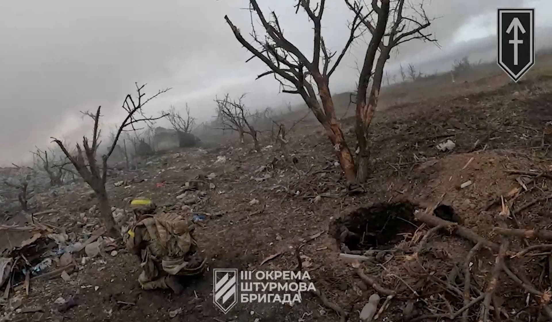 A Ukrainian soldier during the purported liberation of Andriivka