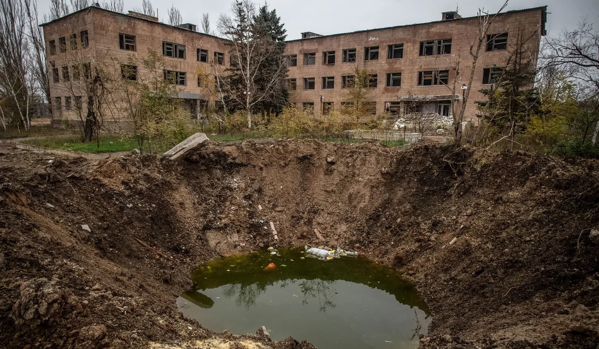 A crater left by a Russian military strike in Siversk