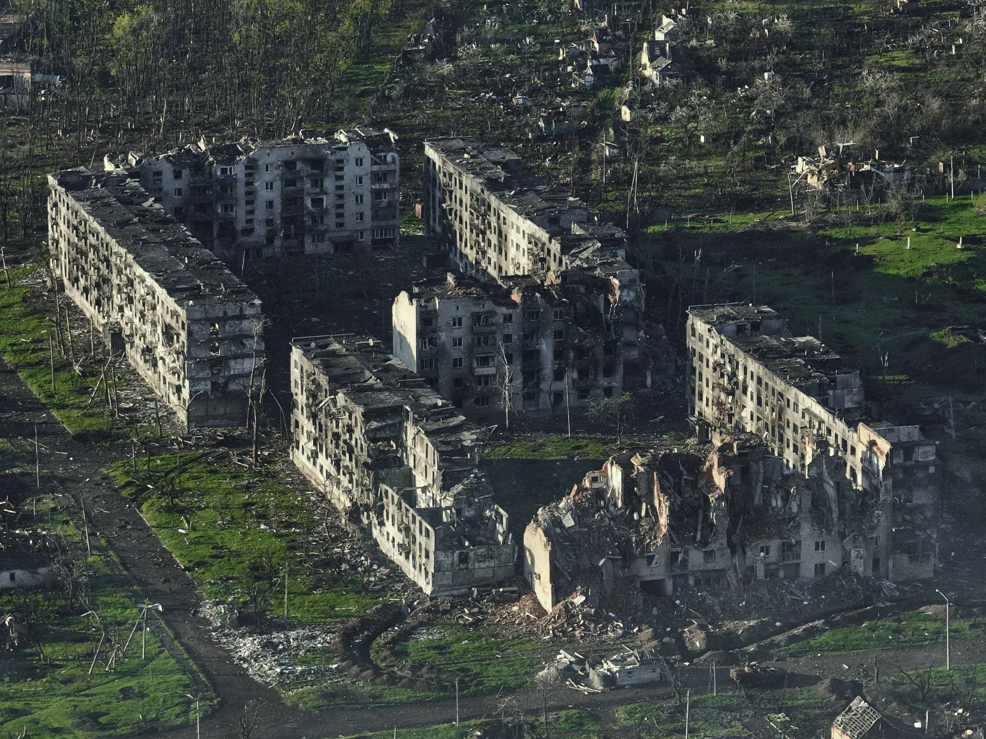 Smoke rises from buildings in this aerial view of Bakhmut