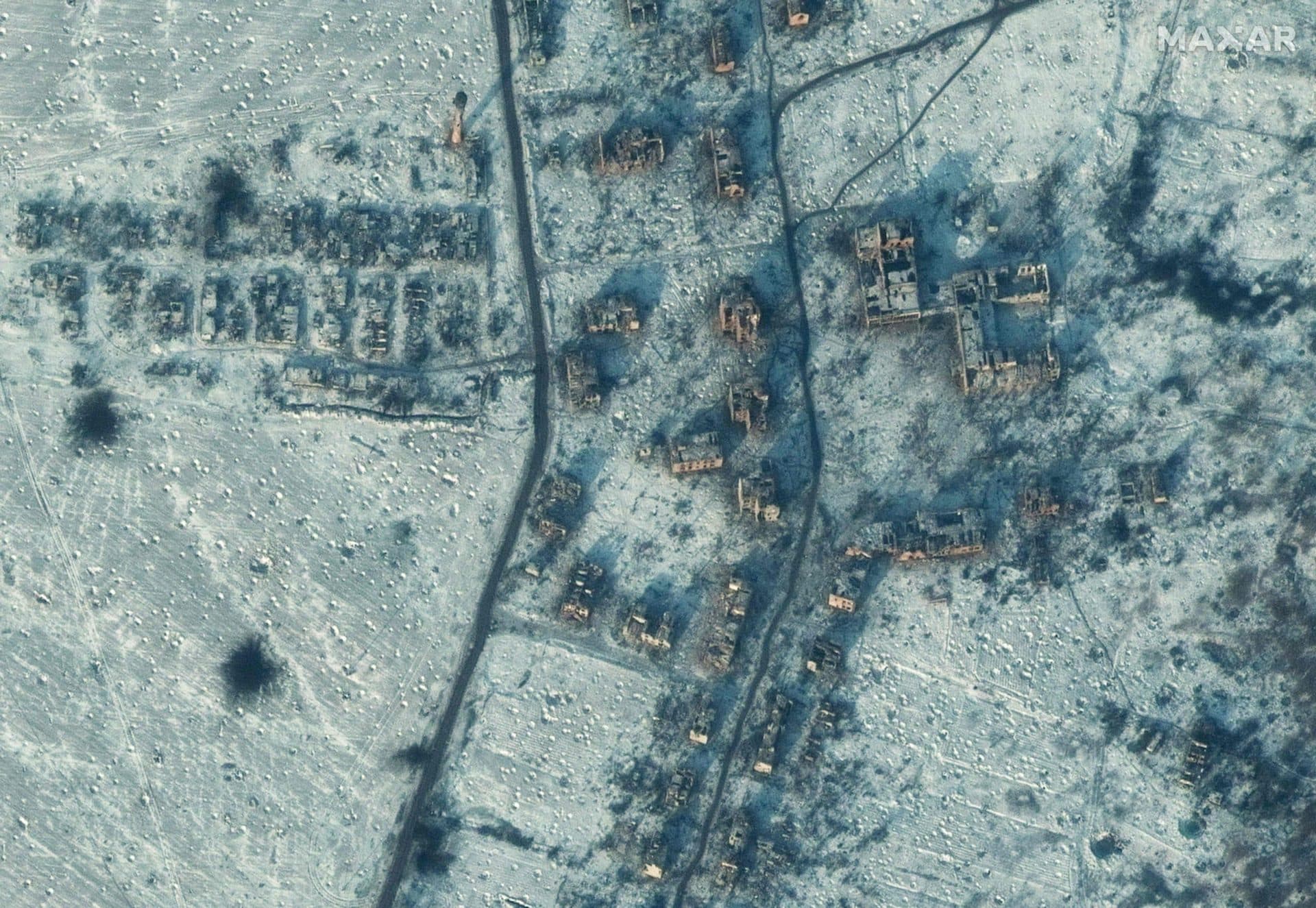 This undated satellite image provided by Maxar Technologies on Tuesday, Jan. 10, 2023, shows the damage to buildings in Soledar