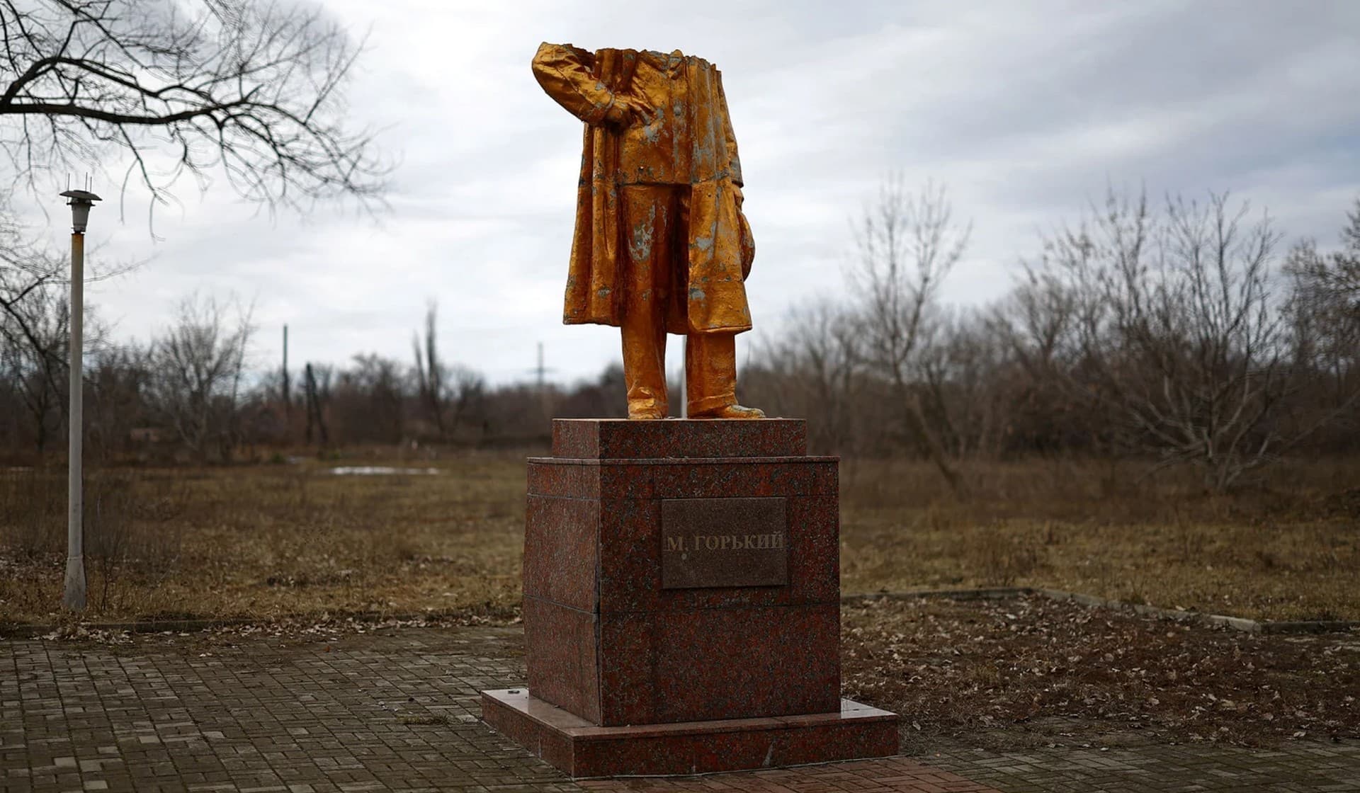 A damaged monument of Russian writer Maxim Gorky in Chasiv Yar