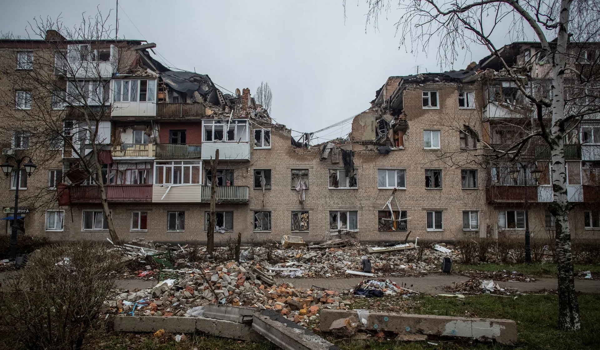 A residential building damaged by a Russian military strike in Bakhmut