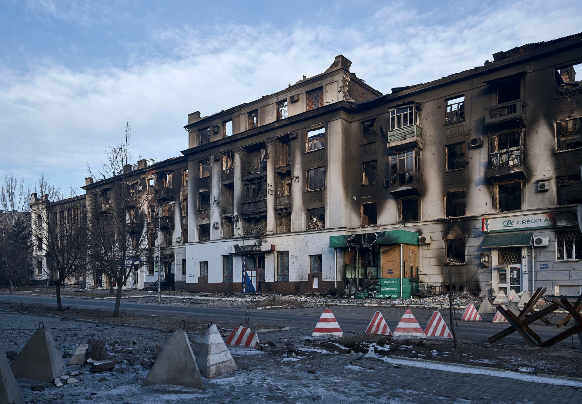 A city center damaged by Russian shelling in Bakhmut