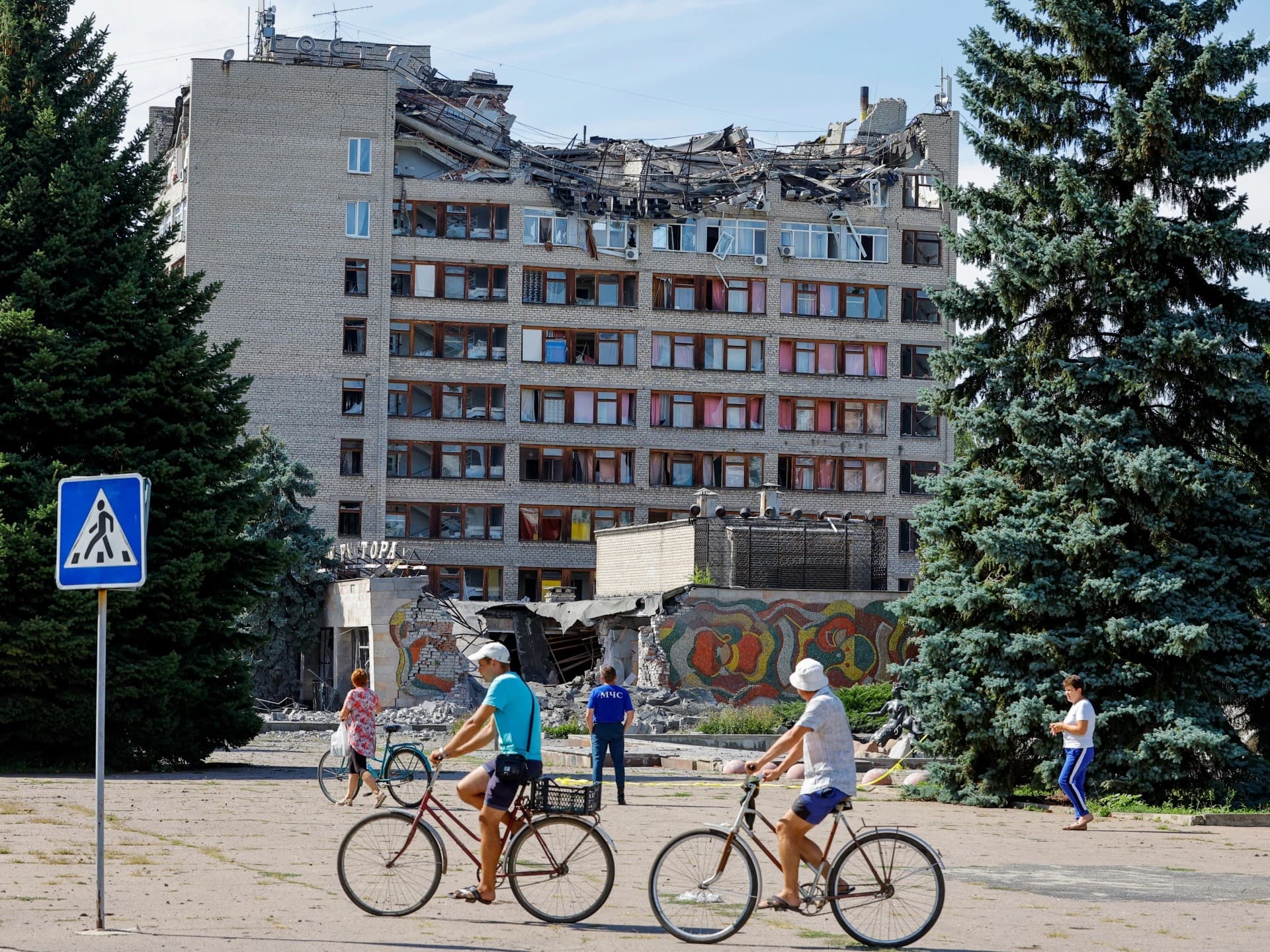 A hotel hit by shelling in the Russian-controlled town of Svitlodarsk