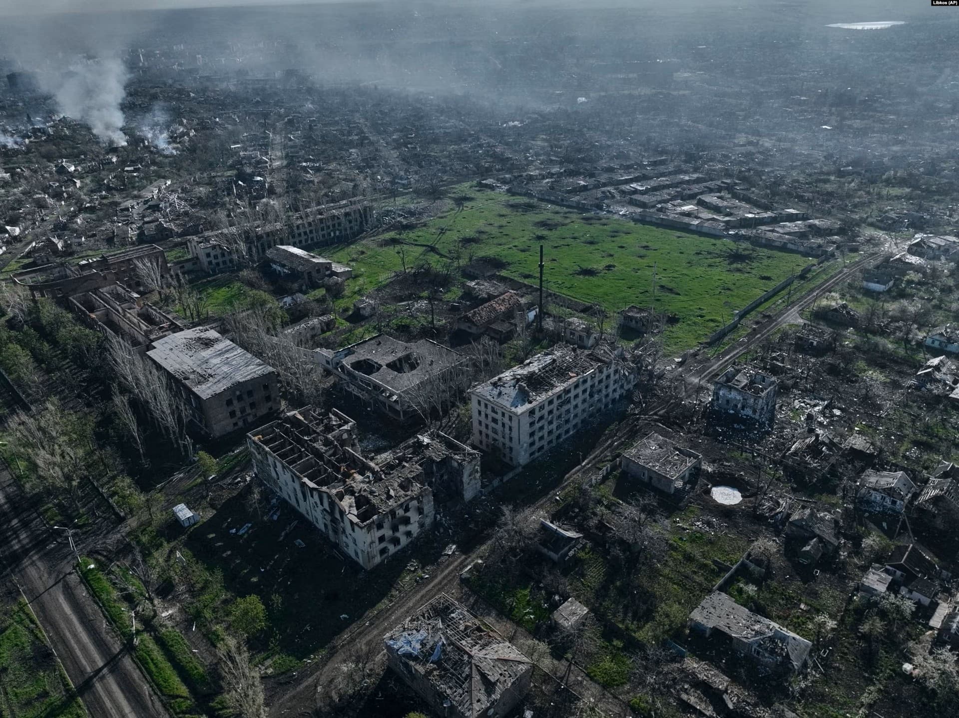 Smoke rises from buildings in this aerial view of Bakhmut