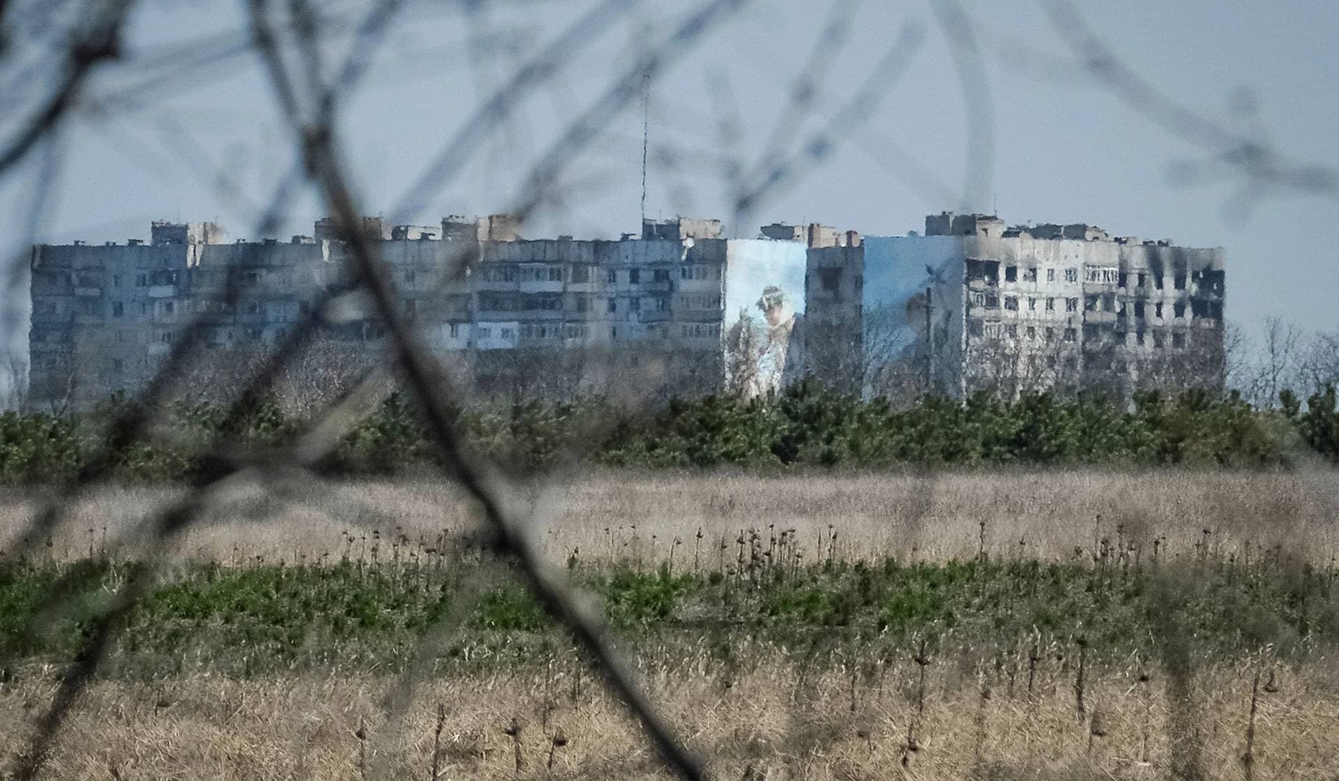Buildings damaged by a Russian military strike in the front line city of Bakhmut