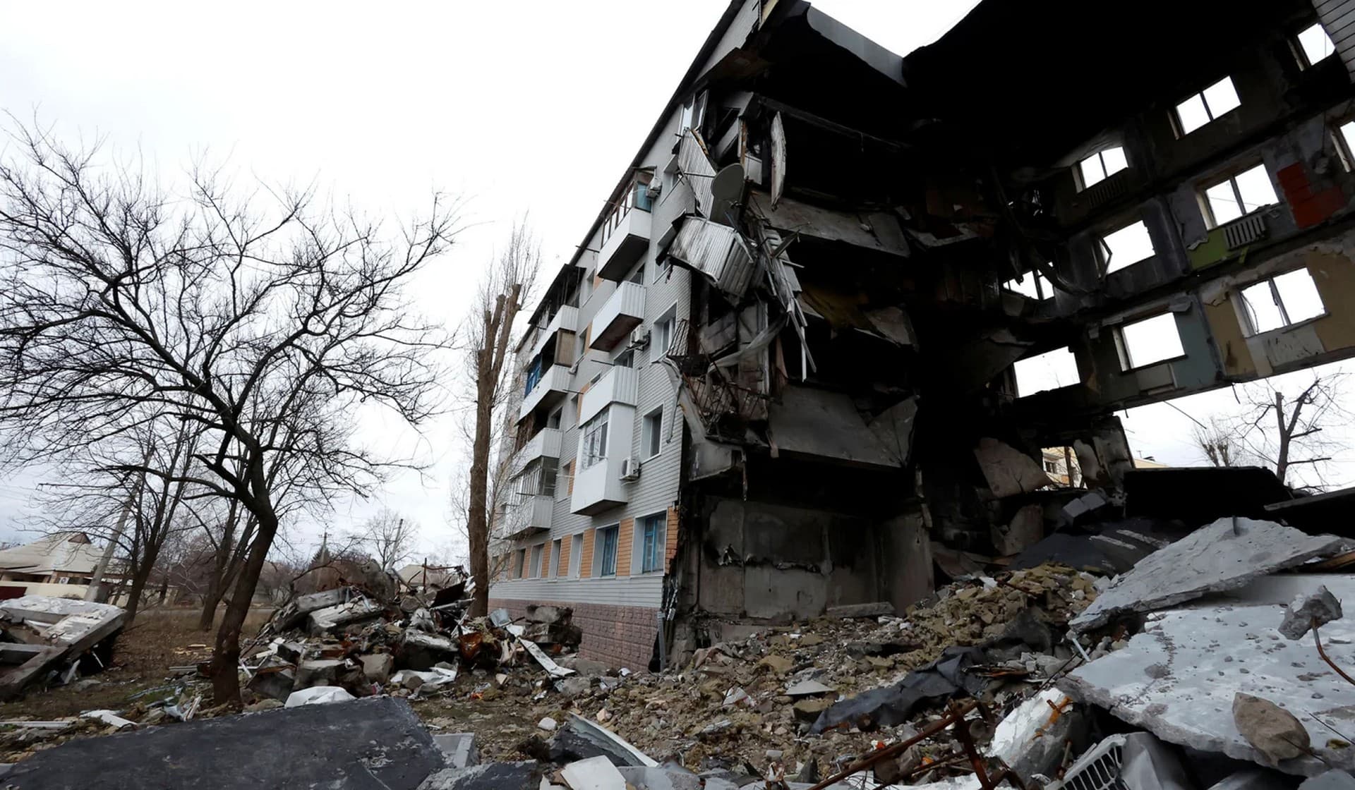 An apartment block destroyed by a missile strike in the frontline Donbas city of Bakhmut