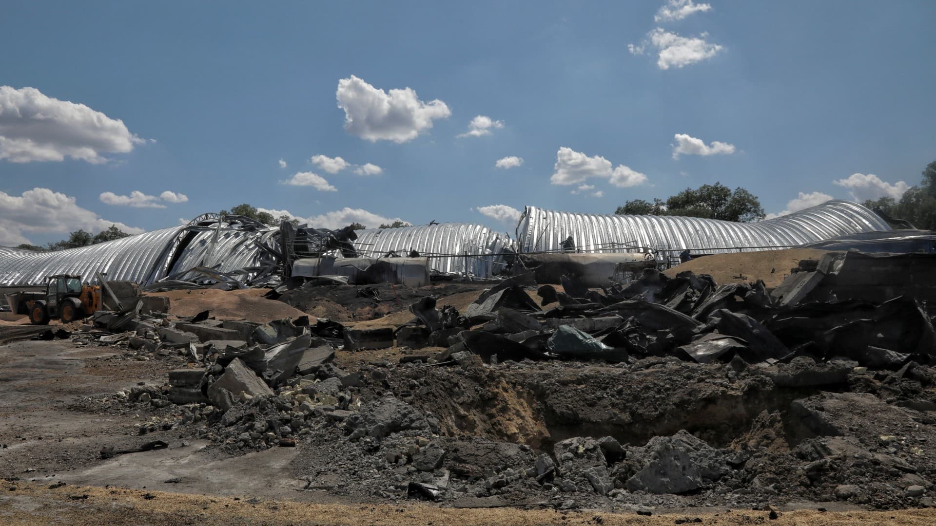 A view shows a grain warehouse destroyed by a Russian missile strike, amid Russia’s attack on Ukraine, at a compound of an agricultural company in the village of Pavlivka