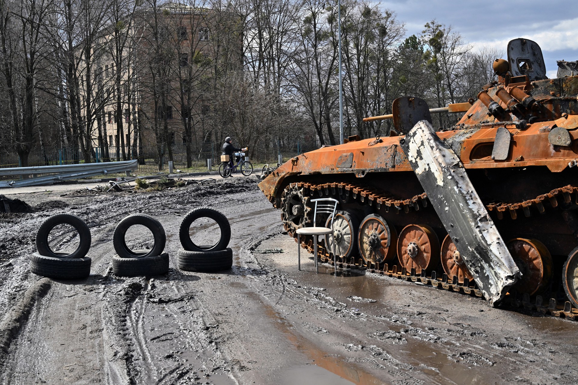 destroyed Russian armoured personnel carrier in Borodianka