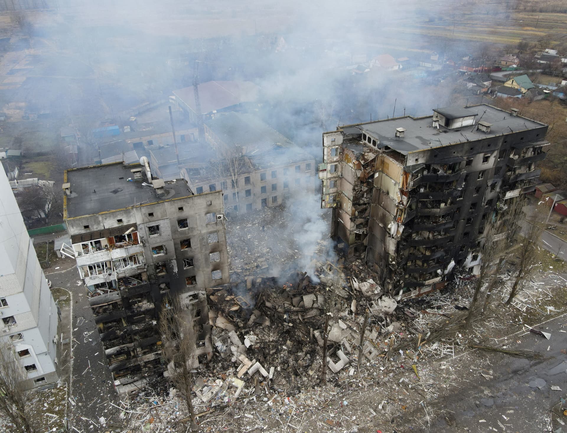 A residential building destroyed by shelling is seen in Borodyanka on March 3