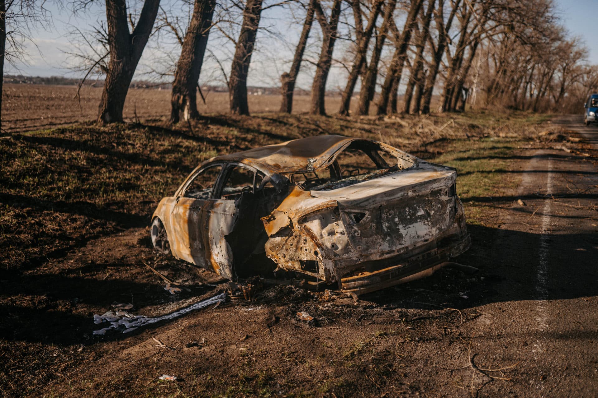 Twisted wreckage of car being destroyed by russian army in Borodyanka