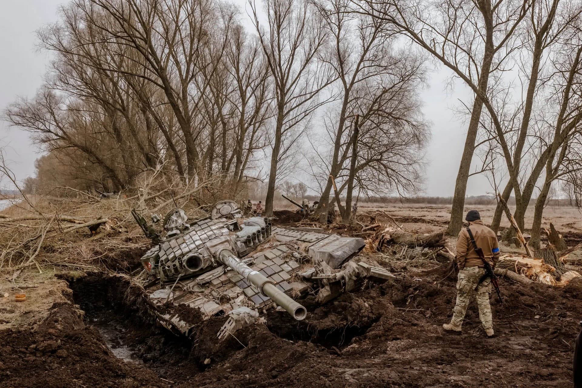 A Russian tank stuck in the mud in the village of Zavorychi (Brovary Raion) outside the Ukrainian capital of Kyiv