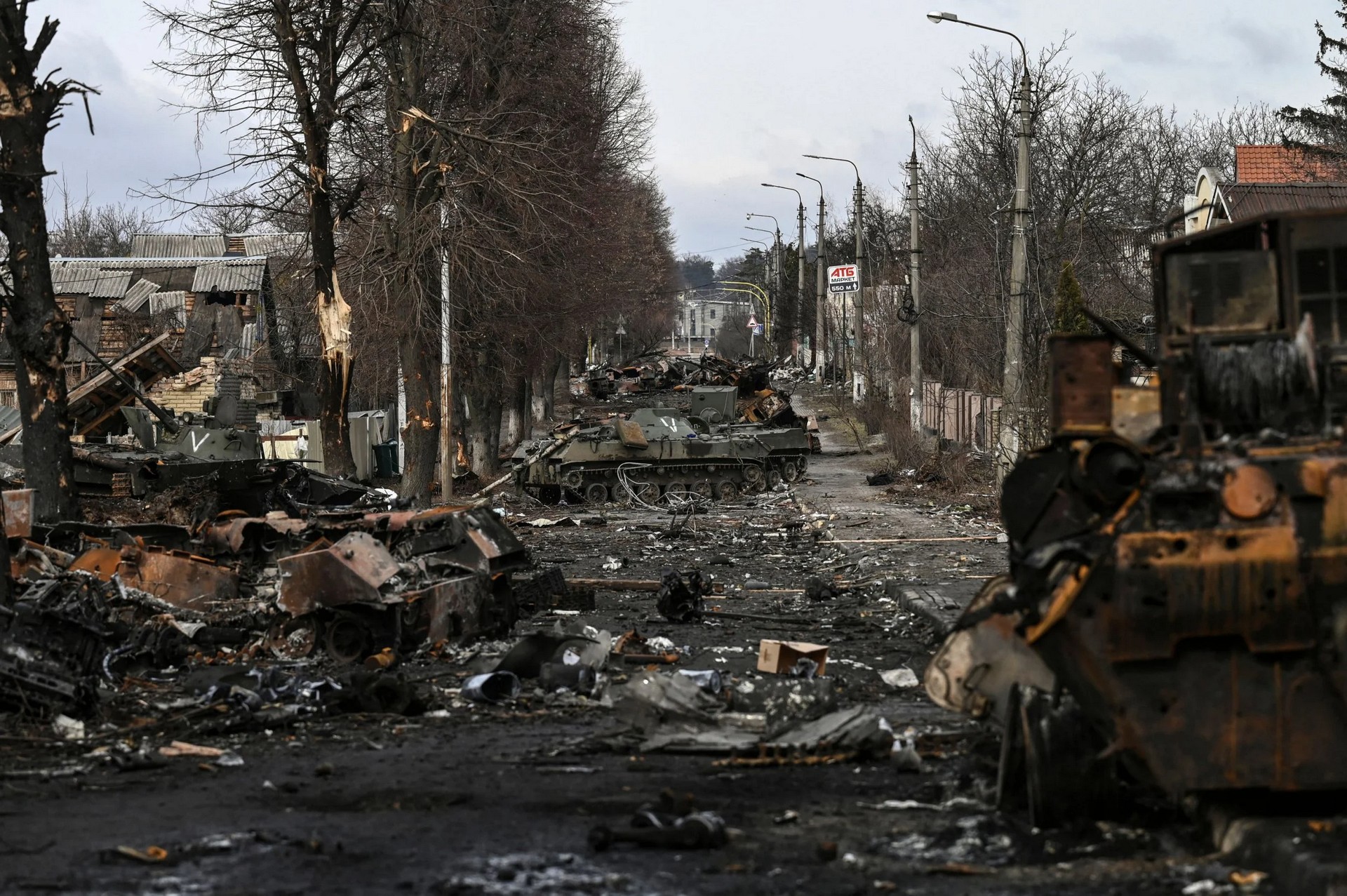 Destroyed Russian armored vehicles in the city of Bucha