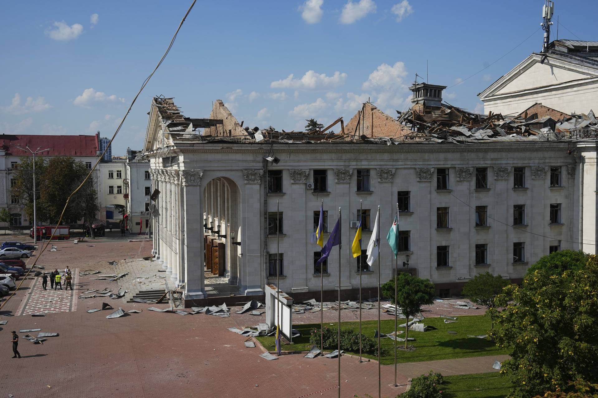 Taras Shevchenko Chernihiv Regional Academic Music and Drama Theatre is seen damaged by Russian attack in Chernihiv
