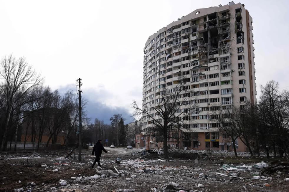 A residential building that came under shelling in Chernihiv