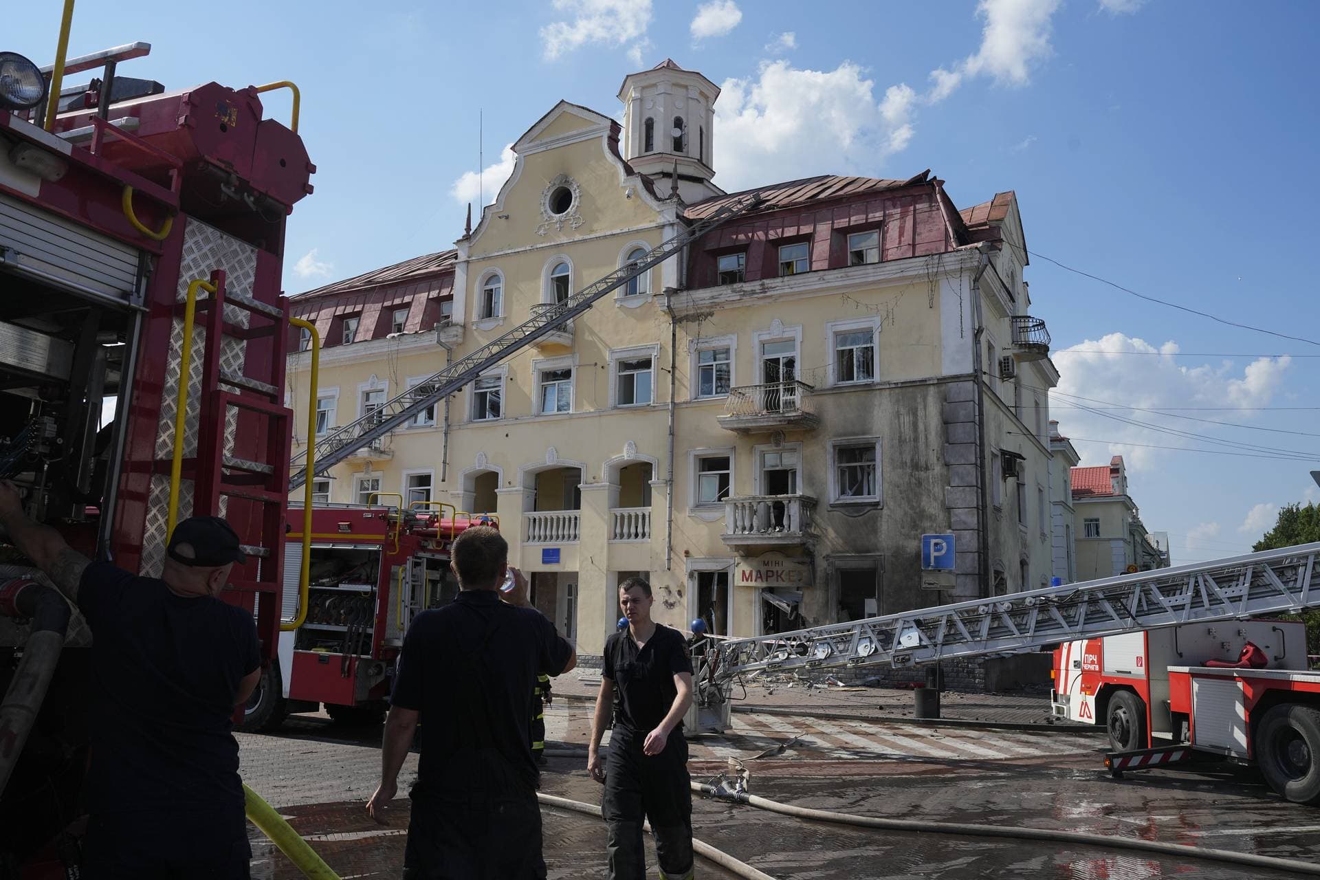 Emergency services work at a damaged area after Russian attack in Chernihiv