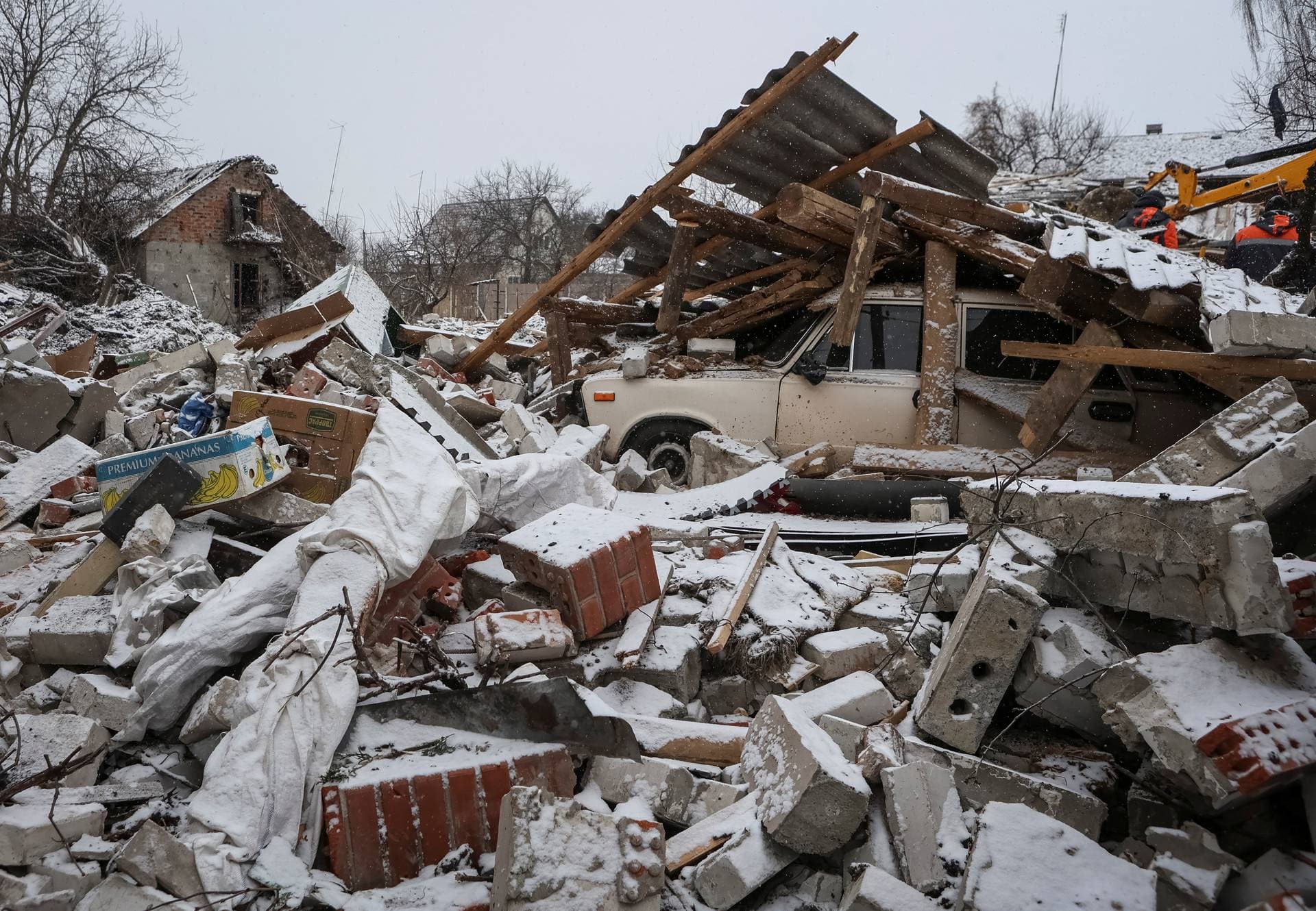 A view shows a house destroyed in a Russian missile strike in the town of Zmiiv