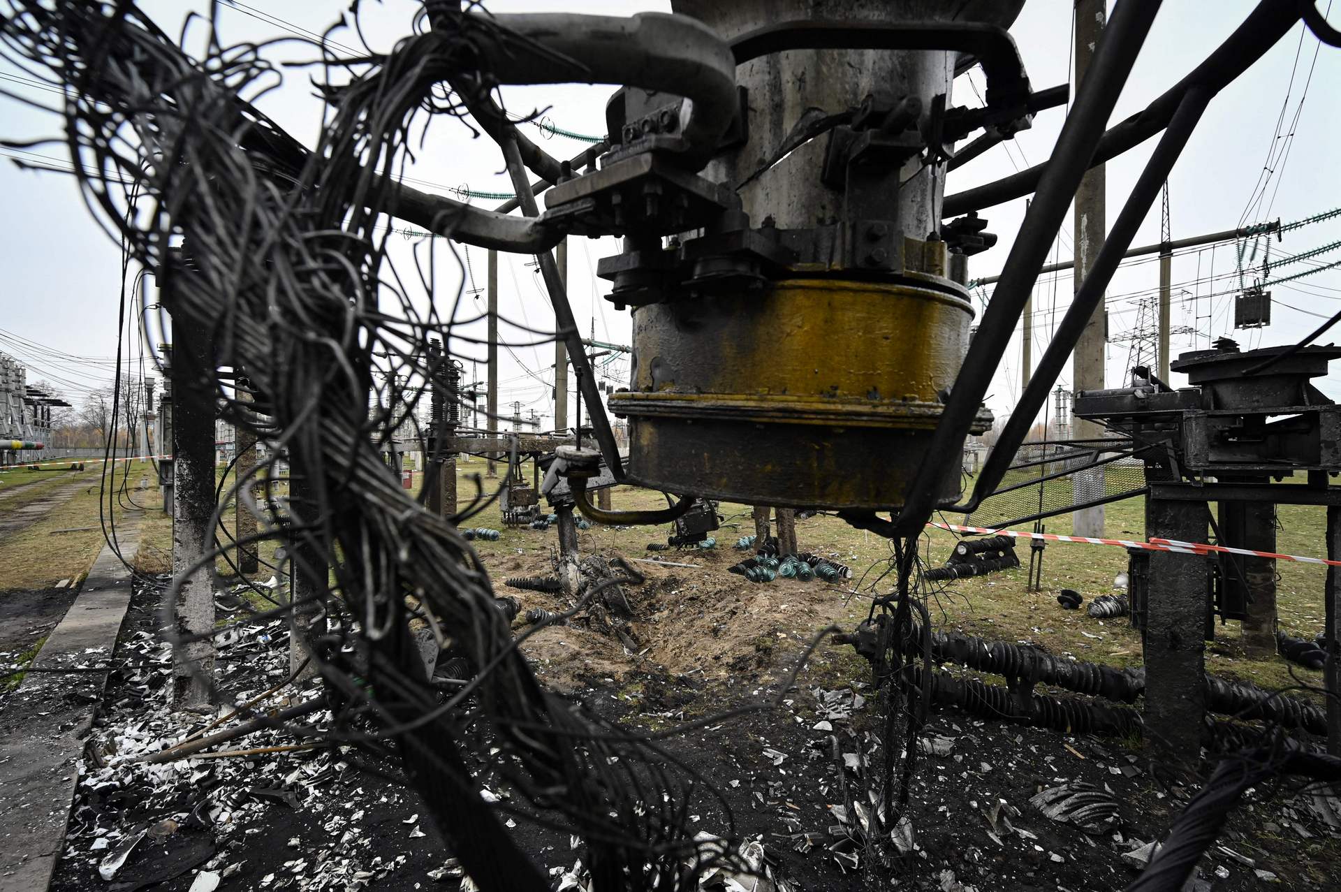 A picture shows damaged equipment at a high-voltage substation of the operator Ukrenergo after a missile attack