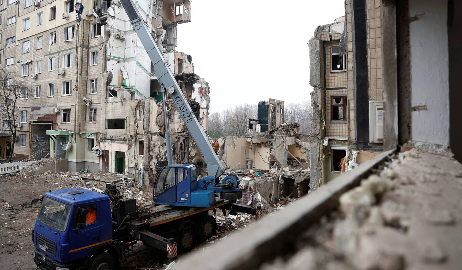 An apartment block heavily damaged by a Russian missile strike in Dnipro