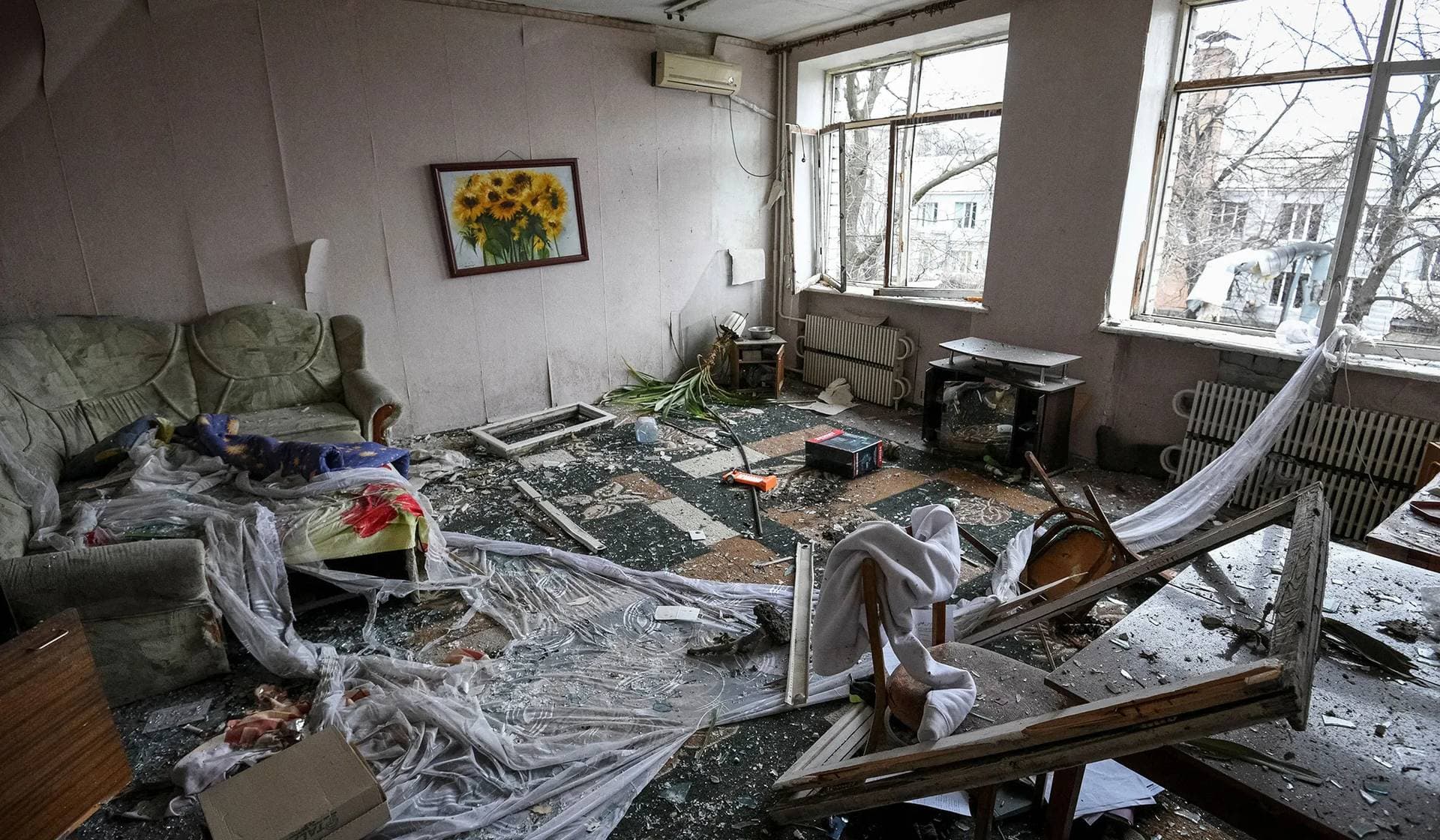 A flat in a residential building heavily damaged during a Russian drone strike in Dnipro
