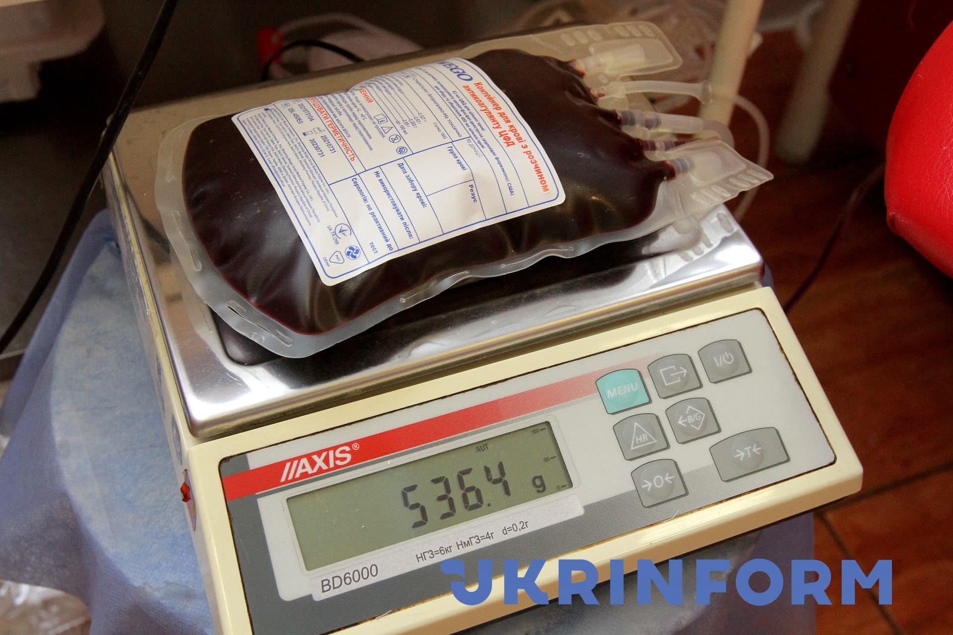 A blood bag lies on the scales at the Dnipro Regional Blood Transfusion Station, Dnipro