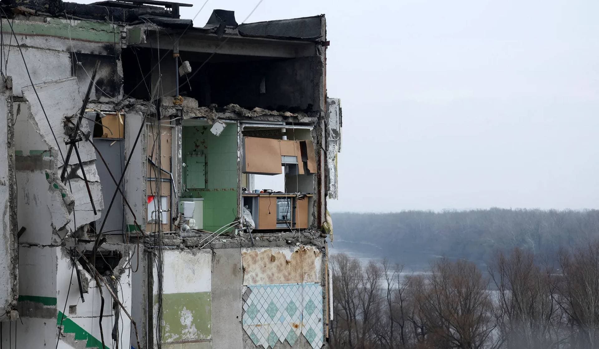 An exposed kitchen in an apartment block heavily damaged by a Russian missile strike in Dnipro