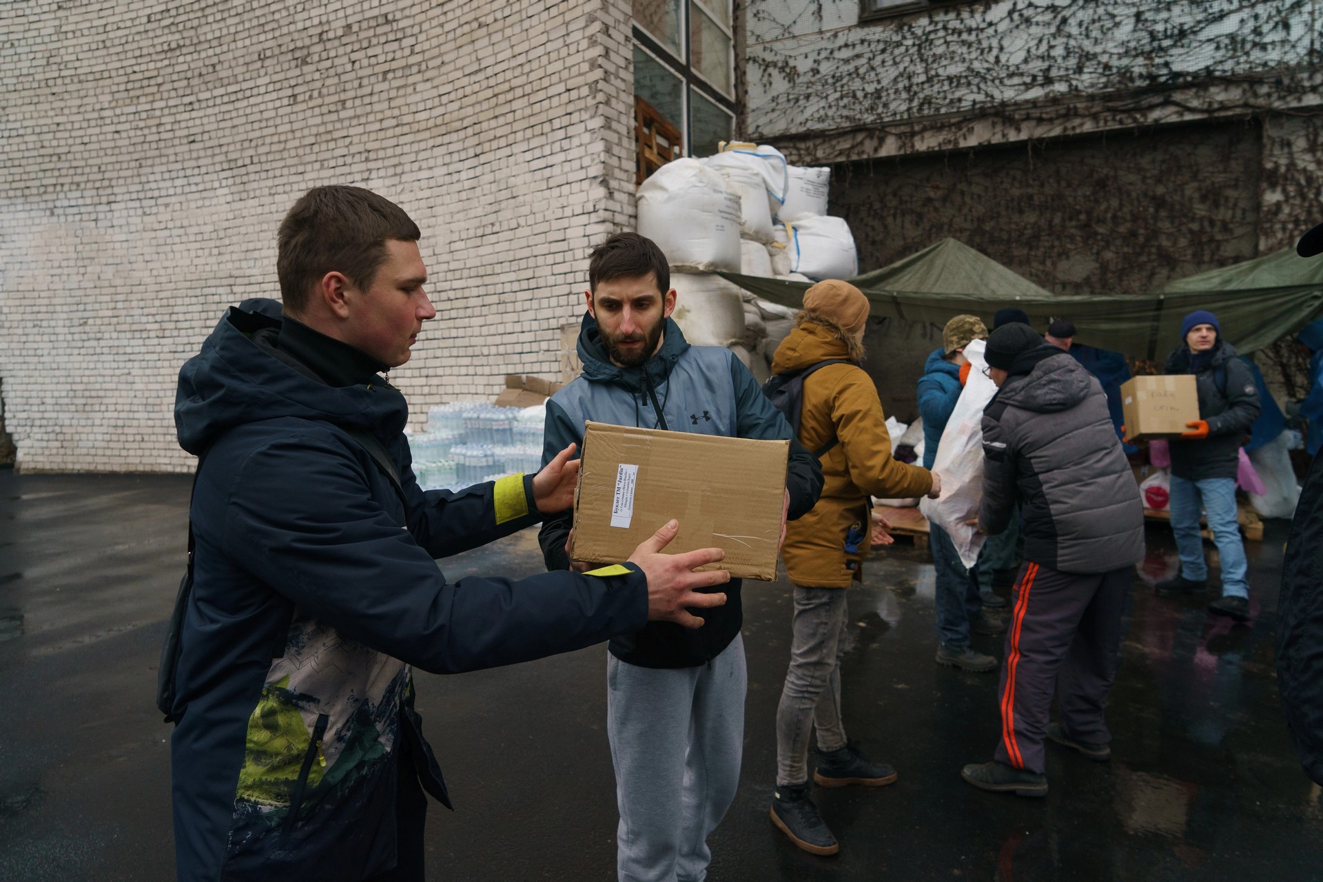 Volunteers load humanitarian assistance in Dnipro.